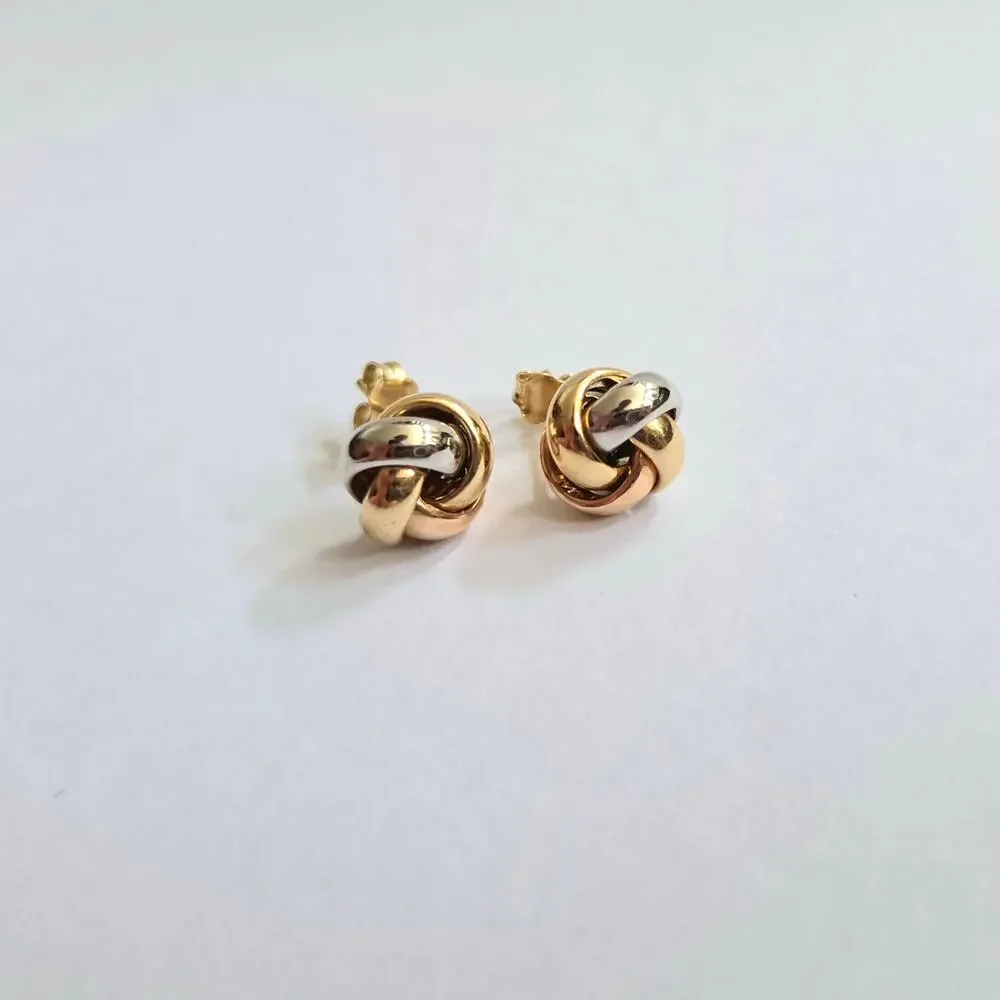 Tri Tone 14K Solid Gold Love Knot Stud Earrings